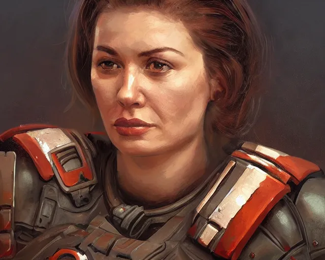 Image similar to portrait of nadezhda konstantinovna krupskaya as a doomguy, hd shot, digital portrait, beautiful, artstation, comic style, by artgerm, guy denning, jakub rozalski, magali villeneuve and charlie bowater