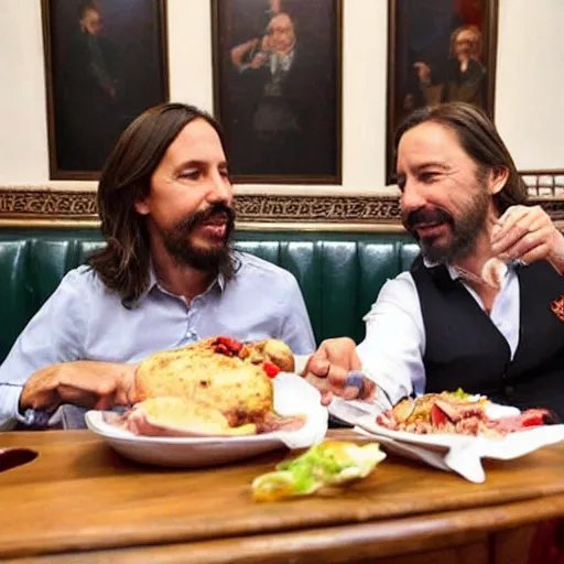Image similar to pablo iglesias and santiago abascal sharing a kebab in the houses of parliament