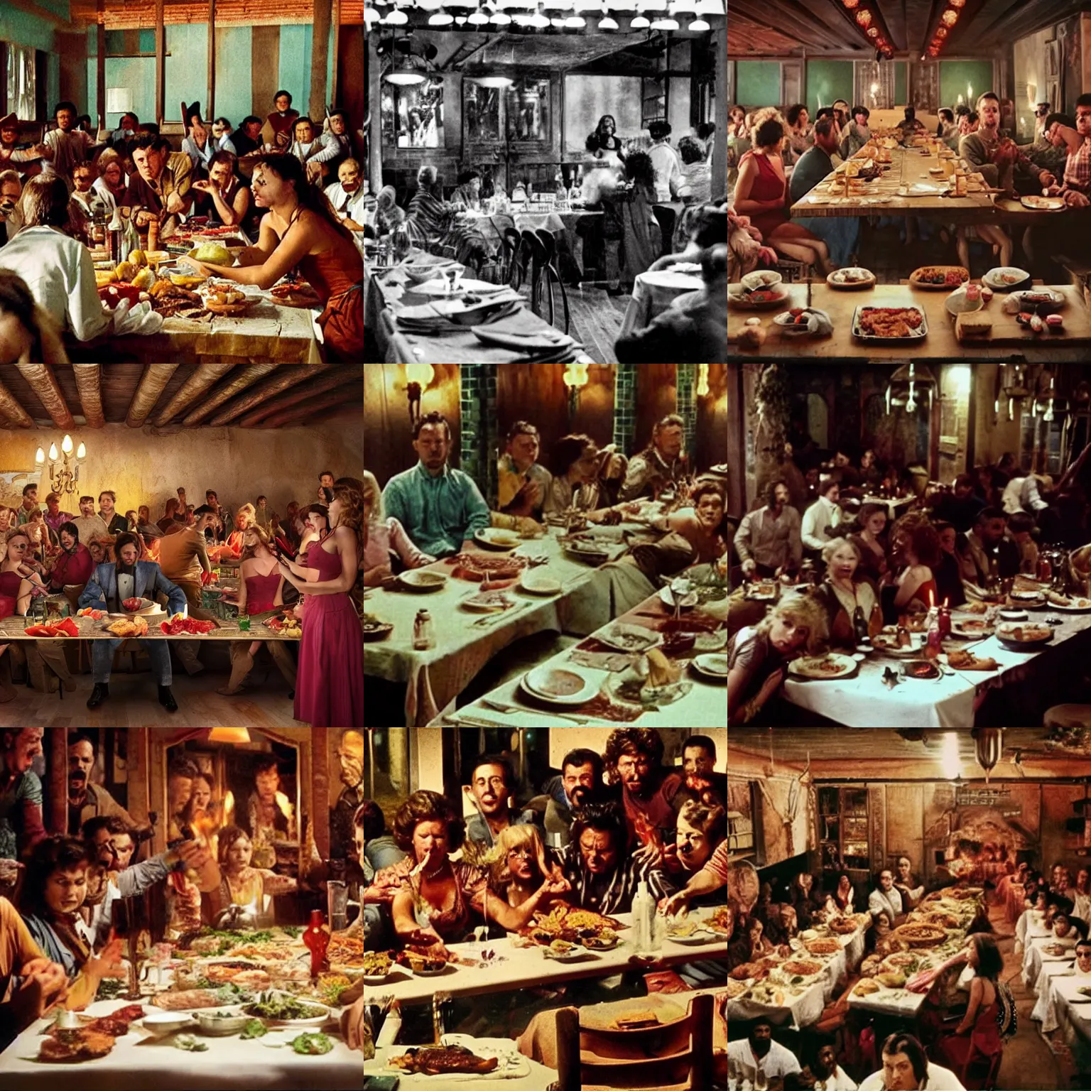 Prompt: Movie sequence in a cannibal restaurant. A woman lays on very long table and is surrounded by hungry people. Cinematic, technicolor, highly intricate