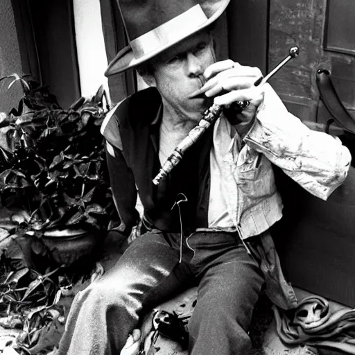 Prompt: tom waits with the body of a spider, smoking a pipe, on the streets of san diego