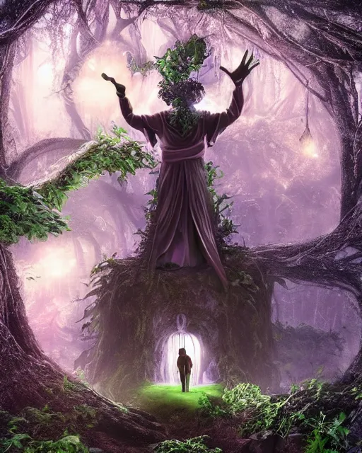 Prompt: a wise wizard walking through a ravenous, horrific portal to hades embedded in a creepy tree in a densely overgrown, magical jungle, fantasy, dreamlike sunraise, stopped in time, dreamlike light incidence, ultra realistic