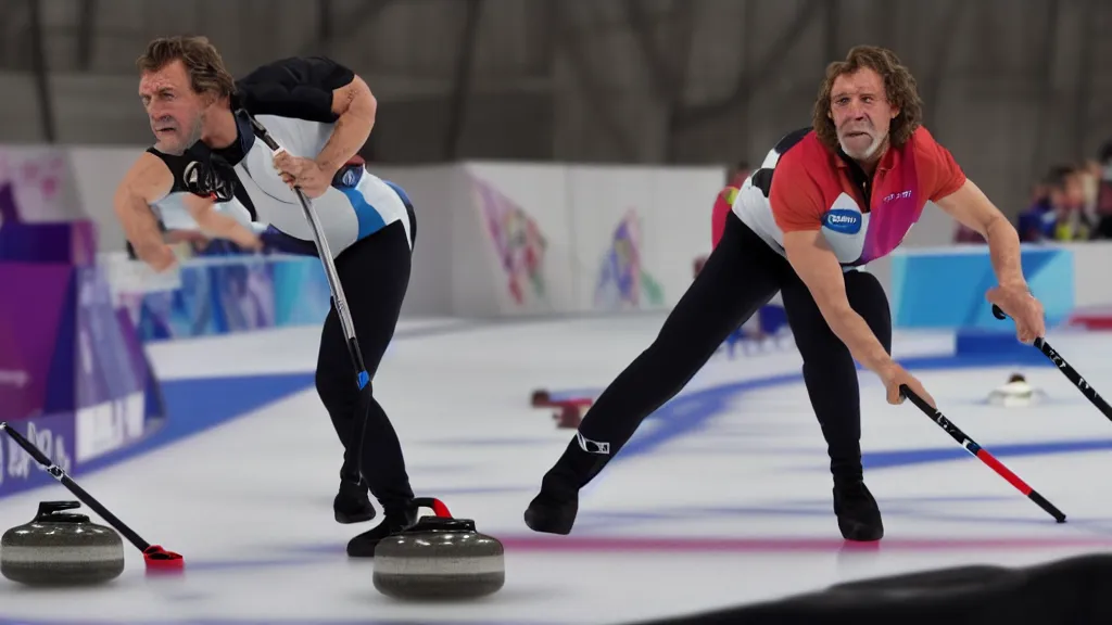 Image similar to a neanderthal participating in the olympics 2 0 2 4, posing for curling