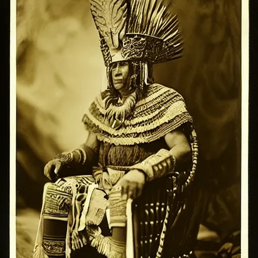 Image similar to vintage photo of an aztec king on his throne by edward s curtis, photo journalism, photography, cinematic, national geographic photoshoot