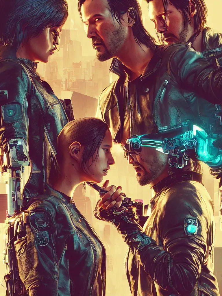 Image similar to a cyberpunk 2077 couple portrait of Keanu Reeves as Johnny Silver hand and female V in daily life ,love story, pray, hug, hold, kiss, film lighting, by Laurie Greasley, William Morris, Dan Mumford, John Wick, Speed, Replicas, Destination Wedding, The Lake House, artstation, full of color, Digital painting, face enhance, highly detailed,8K, octane, golden ratio, cinematic lighting