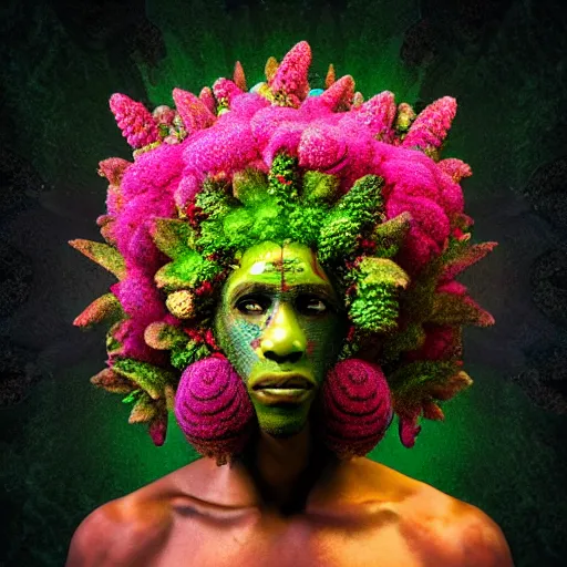 Prompt: an african marijuanna shaman with an afro made of flowers, third eye art art by machina infinitum, complexity from simplicity, rendered in octane, mandelbulb 3 d, ambient occlusion, macro photography, felt!!! texture, tribal, neon! retrowave