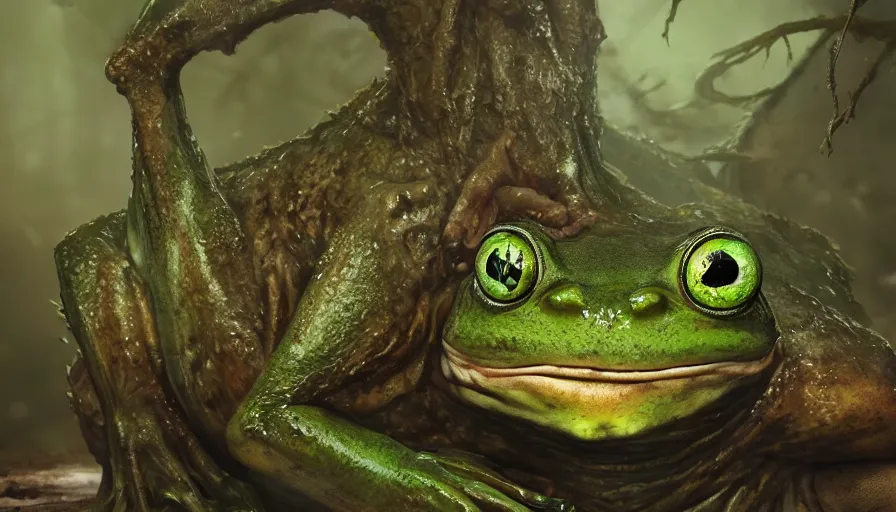 Image similar to ugly human frog in the swamp, big eyes, claws, hyperdetailed, artstation, cgsociety, 8 k