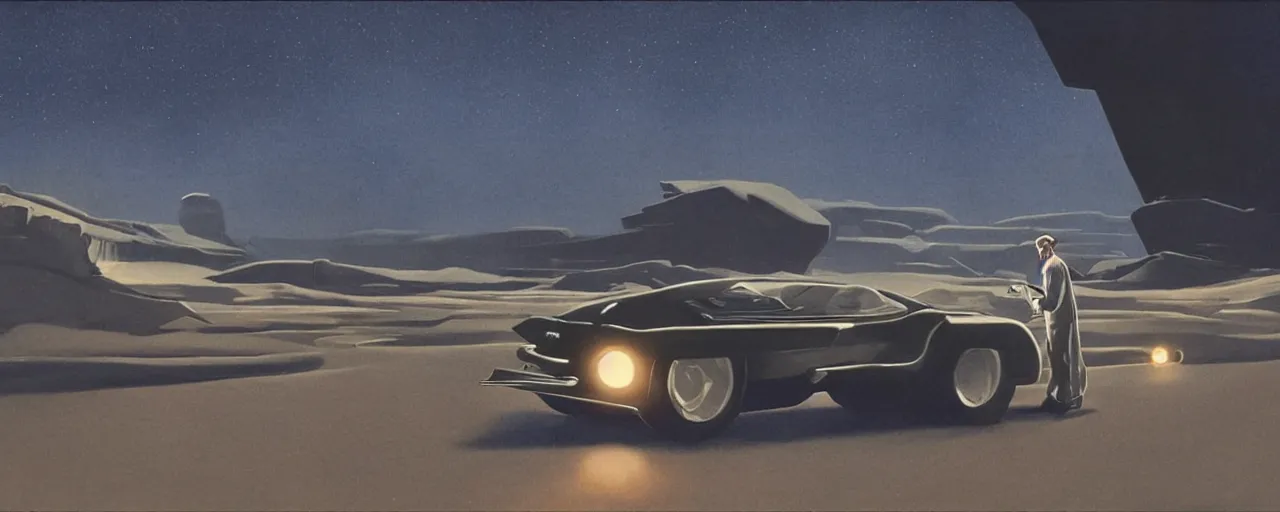 Prompt: a man driving a car in the dark, a screenshot by Chesley Bonestell, featured on cg society, les automatistes, reimagined by industrial light and magic, cinematic lighting, movie still