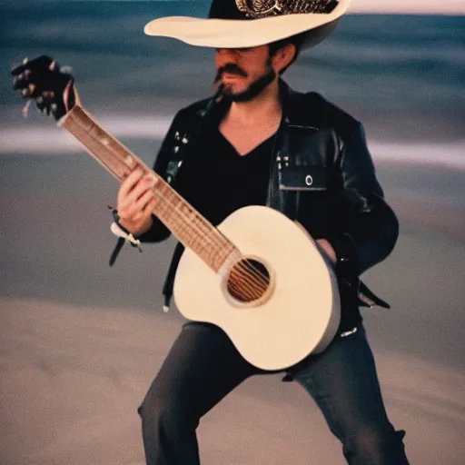 Image similar to photo of a fuzzy panda wearing a cowboy hat and black leather jacket playing a guitar on a beach cinestill, 8 0 0 t, 3 5 mm, full - hd