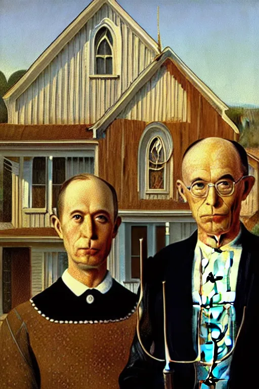 Image similar to Elon Musk with Dmitry Rogozin in style of a painting American Gothic by Grant Wood,