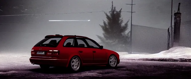 Image similar to Audi A4 B6 Avant (2002), a gritty neo-noir, dramatic lighting, cinematic, eerie person, death, homicide, homicide in the snow, gunshots, establishing shot, extremely high detail, photorealistic, red fog, chaos, arson, burning city, cinematic lighting, artstation, by simon stalenhag, Max Payne (PC) (2001) winter New York at night, In the style of Max Payne 1 graphic novel, flashing lights, Poets of the Fall - Late Goodbye