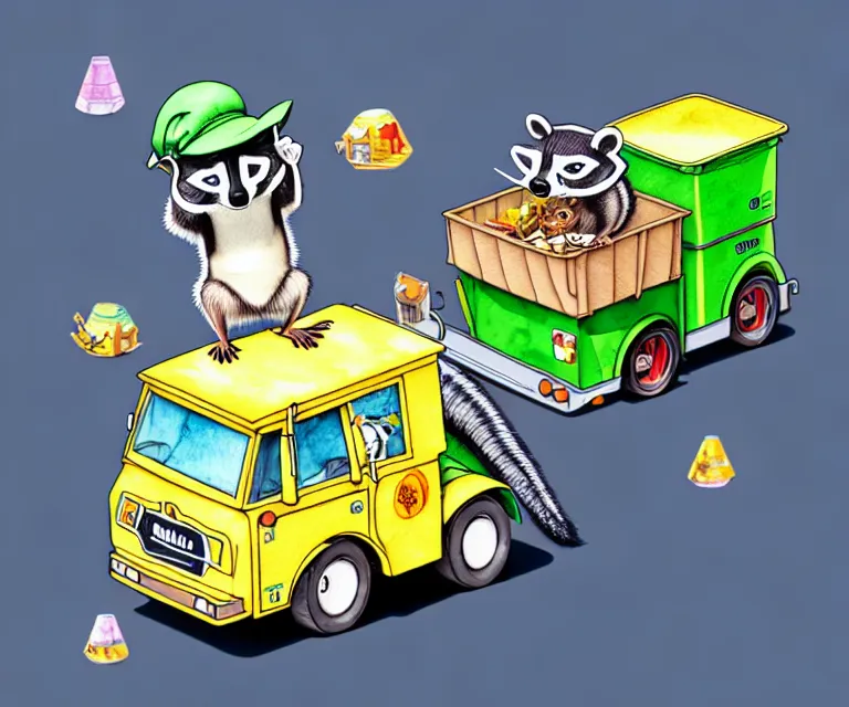 Prompt: cute and funny, racoon wearing a hat riding in a tiny garbage truck, ratfink style by ed roth, centered award winning watercolor pen illustration, isometric illustration by chihiro iwasaki, edited by range murata, tiny details by artgerm and watercolor girl, symmetrically isometrically centered, sharply focused