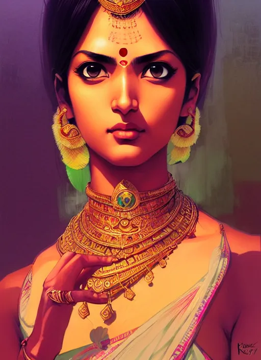 Image similar to a comic portrait of an indian goddess, fine - face, realistic shaded perfect face, fine details. night setting. very anime style. realistic shaded lighting poster by ilya kuvshinov katsuhiro, magali villeneuve, artgerm, jeremy lipkin and michael garmash, rob rey and kentaro miura style, trending on art station