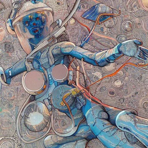 Image similar to james jean art of a part in space, hyper detail