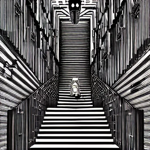 Image similar to a huge bright maze of many doorways and lots of stairs, many doorways, inside a giant mansion, artstation, Junji Ito, epic composition