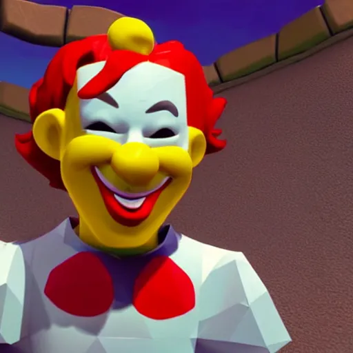 Image similar to image of ronald mcdonald, white face, red afro, red nose and yellow outfit as an enemy in spyro the dragon video game, with low poly playstation 1 graphics, upscaled to high resolution