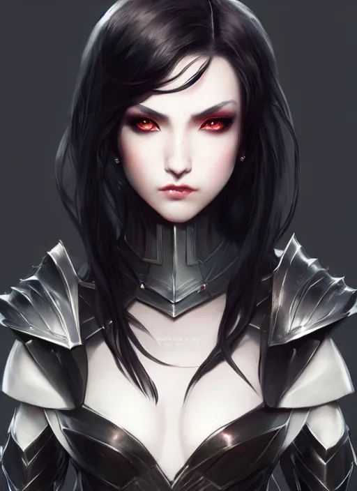 Image similar to full plate armor!!! beautiful and elegant dark hair female vampire!! gorgeous ayes!! character concept art, sharp focus, octane render! unreal engine 5! highly rendered!! trending on artstation!! detailed linework!! illustration by artgerm, wlop, and chie yoshii