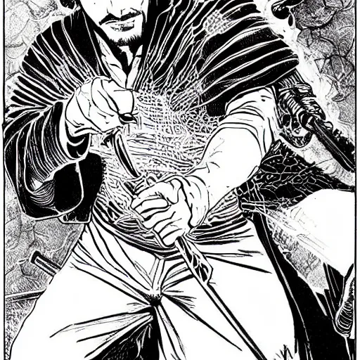 Image similar to pen and ink!!!! attractive 22 year old deus ex Frank Zappa x Ryan Gosling golden!!!! Vagabond!!!! magic swordsman!!!! glides through a beautiful battlefield magic the gathering dramatic esoteric!!!!!! pen and ink!!!!! illustrated in high detail!!!!!!!! by Hiroya Oku!!!!!!!!! Written by Wes Anderson graphic novel published on shonen jump MTG!!! 2049 award winning!!!! full body portrait!!!!! action exposition manga panel