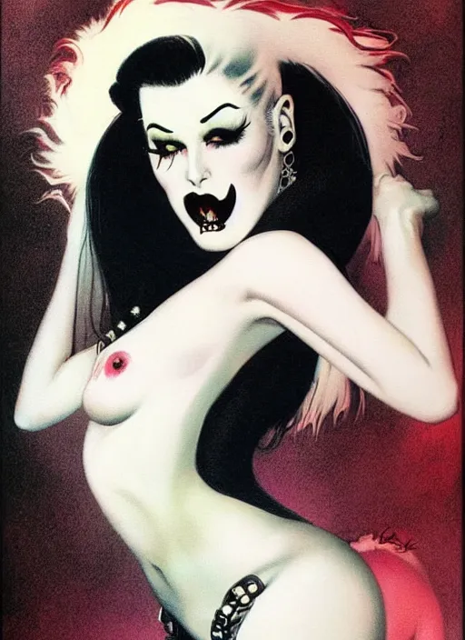 Image similar to goth girl burlesque psychobilly punk, detailed face, white background, drawing, illustration by frank frazetta and boris vallejo