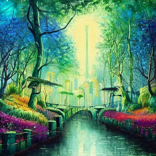 Image similar to Beautiful city of the future in harmony with nature. Nice colour scheme, cool natural colour. Beautiful detailed painting by Lurid. (2022)