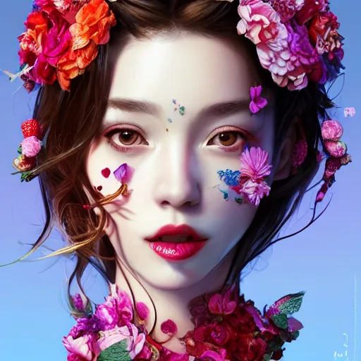 Prompt: the face of absurdly beautiful, graceful, elegant, sophisticated, sensual mature gravure idol made of strawberries and colorful petals with tears, an ultrafine photorealistic illustration by kim jung gi, irakli nadar, intricate linework, bright colors, octopath traveler, final fantasy, unreal engine highly rendered, global illumination, radiant light, intricate environment