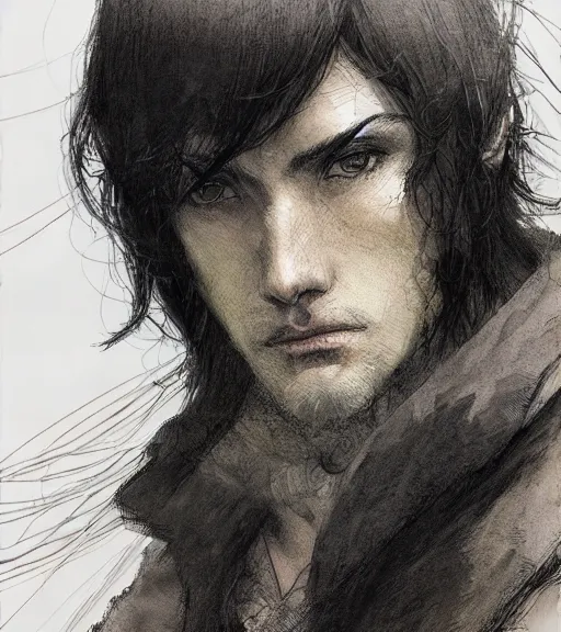 Image similar to portrait of anime man with long dark hair wearing a dark robe, pen and ink, intricate line drawings, by craig mullins, ruan jia, kentaro miura, greg rutkowski, loundraw