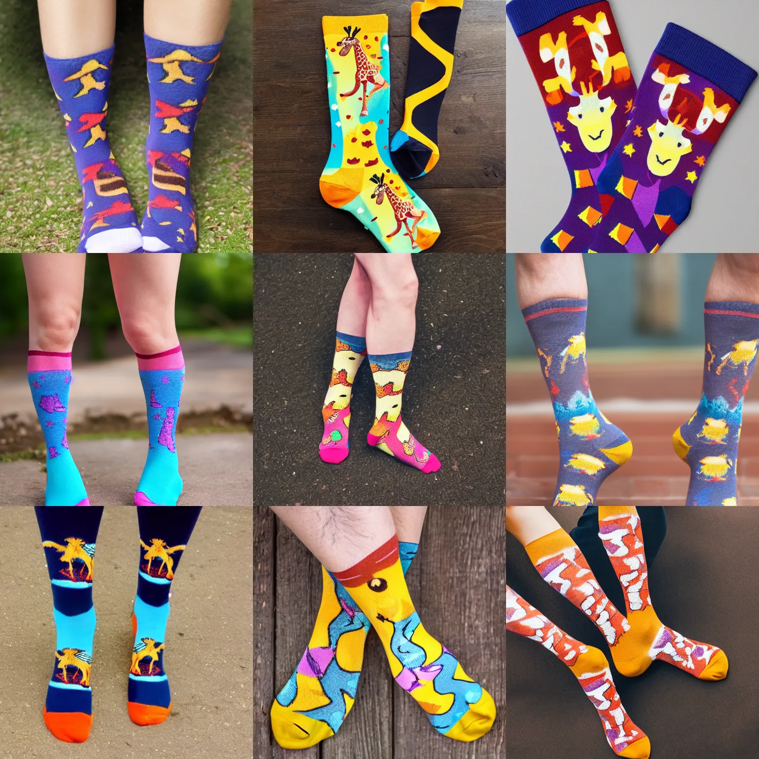 Prompt: a giraffe wearing magical themed socks