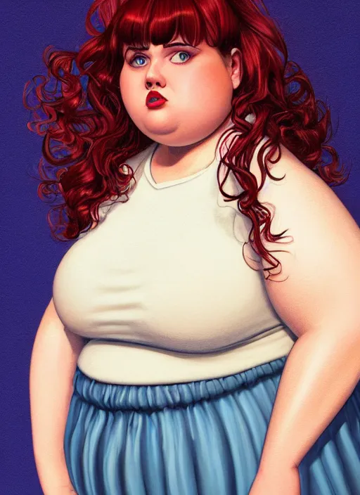 Image similar to full body portrait of teenage betty cooper, obese, bangs, ponytail, sultry, realistic, sultry smirk, ponytail hairstyle, fluffy bangs, curly bangs, skirt, fat, belly, intricate, elegant, highly detailed, digital painting, artstation, concept art, smooth, sharp focus, illustration, art by wlop, mars ravelo and greg rutkowski