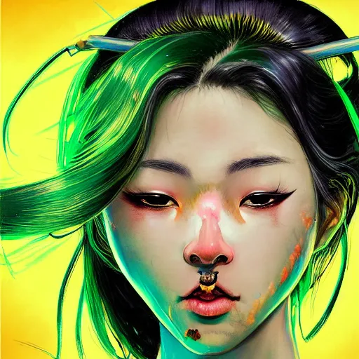 Image similar to clear portrait of japanese zombie geisha with neon green acid leaking from side of her mouth, background hyper detailed, character concept, full body, dynamic pose, glowing lights, intricate, elegant, highly detailed, digital painting, artstation, concept art, smooth, sharp focus, illustration, art by artgerm and greg rutkowski and alphonse mucha