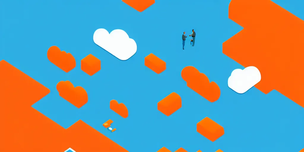 Image similar to Cloud servers, network, isometric view from above. Minimalistic design, contemporary design, infographics. Logo, Abstract Design. Blue, cyan and orange palette. Vivid, 8K, Epic, Masterpiece