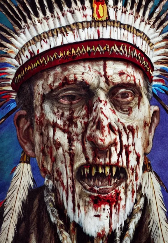Image similar to close up portrait of zombie Pope Francis wearing a Native American Indian Feathered Headdress War Bonnet, dead redemption, by Dan Colen