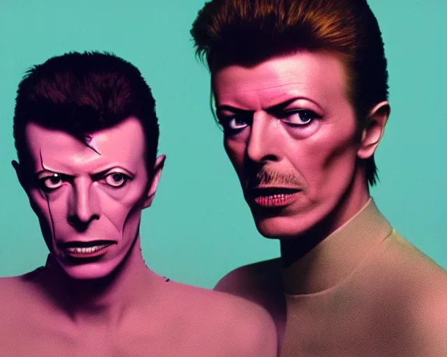 Prompt: david bowie and freddy mercury starring at the camera, neutral face, 4k, pastel colours, by beeple, album cover