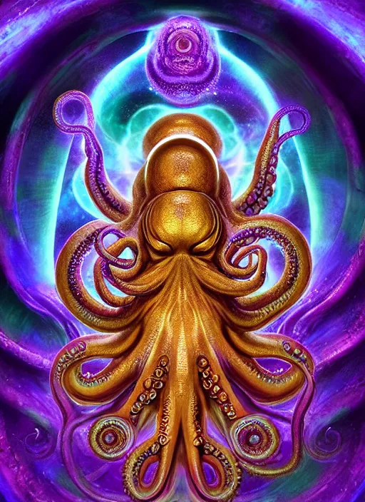 Prompt: octopus god within the whole infinite time capsule apparent with awe the apparition, an idea drips into infinite spirals, highly detailed in volumetric latent space, golden turquoise purple futuristic steampunk, galaxy mandalas mandelbrot high contrast cinematic light, mystical shadows, visionary art sharp focus, divine realm of gods, octane render, artist by boris vallejo,