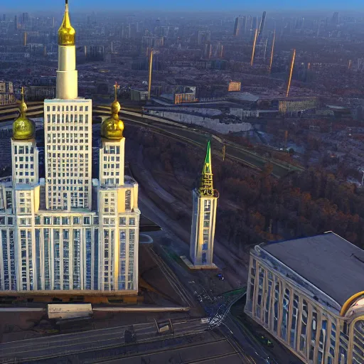 Image similar to moscow state university main building, aerial photography, 4 k, highly detailed art by greg rutkowski, trending on art station, unreal engine