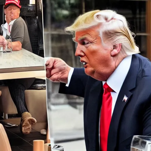 Image similar to Donald Trump doing service in restaurant, paparazzi photo, long focale shoot