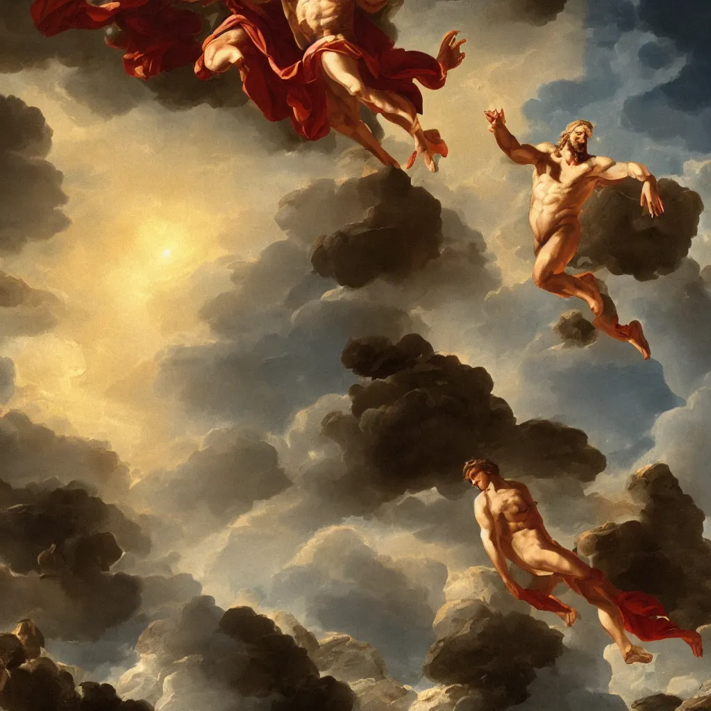 Image similar to a digital painting of Zeus descending from mount Olympus