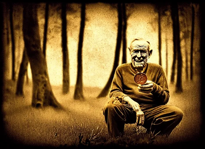 Prompt: old retro burnt out sepia photograph with scratches of an old and wrinkled man testing a golden coin with his teeth. magical forest in the background with bokeh. Antique. High quality 8k. Intricate. Sony a7r iv 35mm. Award winning. Zdzislaw beksinski style