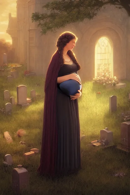 Image similar to portrait of a pregnant widow next to the grave, illustration, dramatic lighting, soft details, painting oil on canvas, art deco, octane render, HDR, 4k, 8k, HD, by Edmund Blair Leighton, Brom, Charlie Bowater, trending on artstation, faces by Tom Bagshaw, Sargent