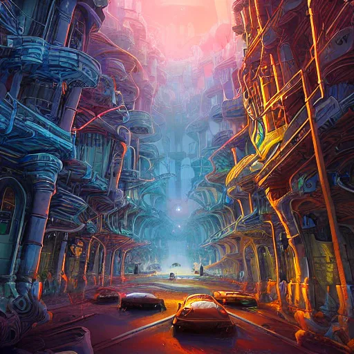 Prompt: a mechanicalian matte painting by dan mumford and meks and robots in virtual reality, trending on artstation. be, artificial - cycling, elements - matter - based - scientists - anticipating - theories