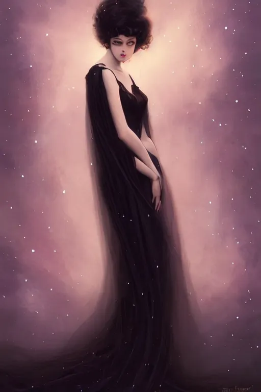 Prompt: Nocturne, glowing, stars, a long-legged elegant evil woman, long black hair, highly detailed, mysterious, ethereal, dressed in black velvet, haute couture, illustration, dramatic lighting, soft details, painting, by Edmund Blair Leighton, Brom, Charlie Bowater, trending on artstation, faces by Tom Bagshaw, otto schmidt