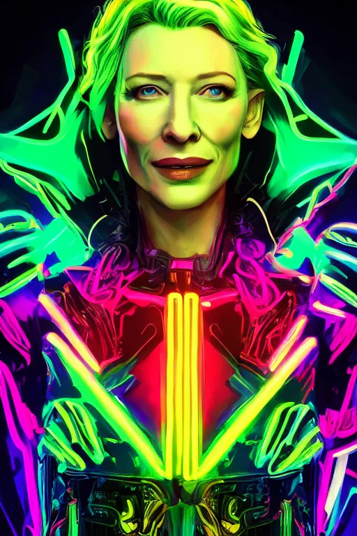 Image similar to cate blanchett ,neon colors, strong lighting, by Josan Gonzalez, HD, 4K