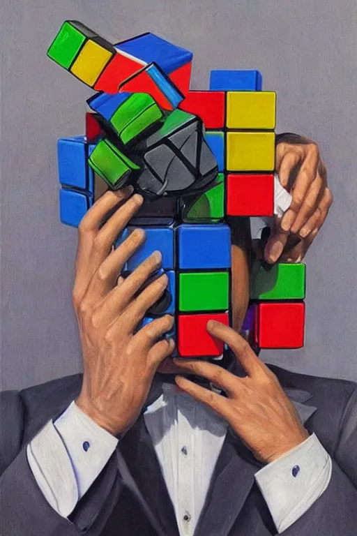 Image similar to a hyper - realistic hyper - detailed fine painting of a man wearing a suit and with a rubik's cube head, ultra - realistic detailed surrealism, magical realism