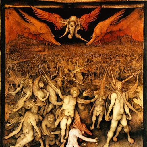 Image similar to vision of hell with winged demons flying over the flames, art by albrecht durer, art by hans memling, art by leonardo da vinci, art by francisco goya, art by pieter bruegel the elder, art by jan van eyck