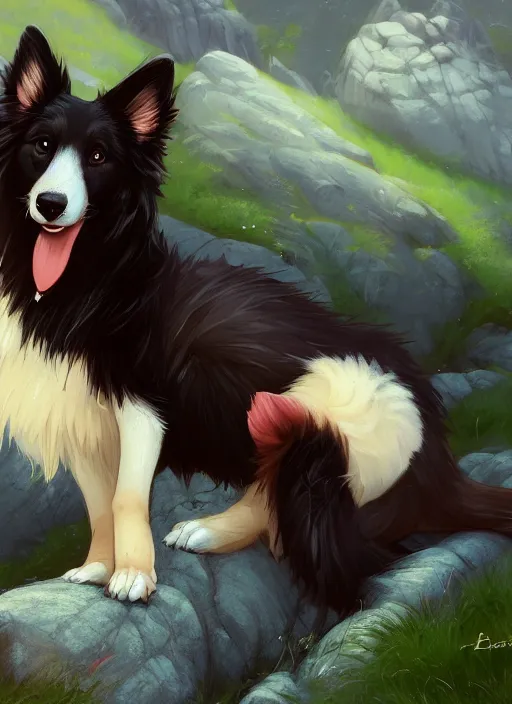 Image similar to wide angle beautiful full body portrait of a cute male anthropomorphic anthro border collie fursona reclining on the side of a rocky hill, character design by charlie bowater, henry asencio, and ross tran, disney, scenic background, detailed, glamor pose, aesthetic, trending on artstation, furaffinity, deviantart