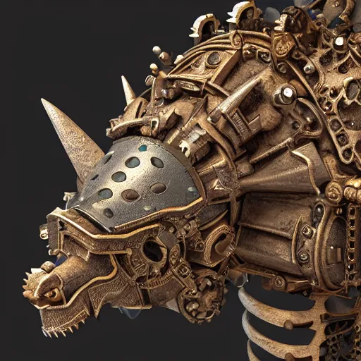 Image similar to A steampunk ornate made of engraved full plate armor and gears shaped in Styracosaurus head at the center, Macro shot by Justin Gerard, unreal engine, physically based rendering