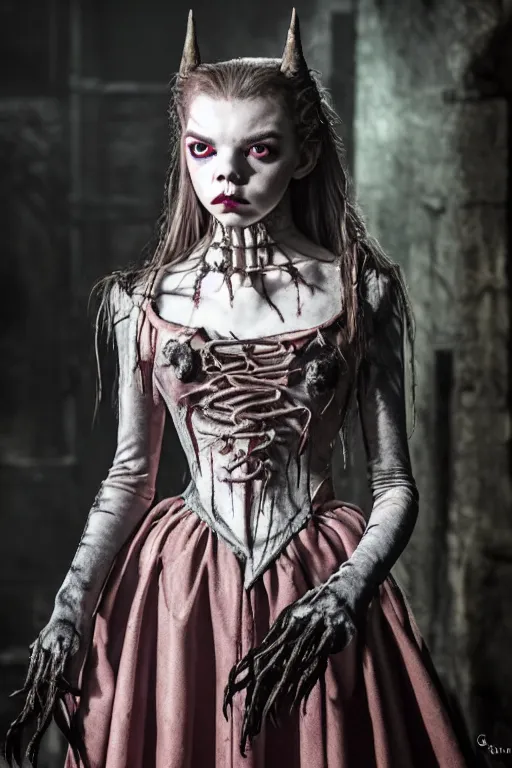 Image similar to dressed anya taylor - joy, a sinister demonic princess of cenobites, symmetrical, cinematic, elegant, demonic atmosphere, professional studio light, real dlsr photography, sharp focus, costume made by clive barker, real rotten flesh, blood and bones, 4 k, ultra hd, sense of awe