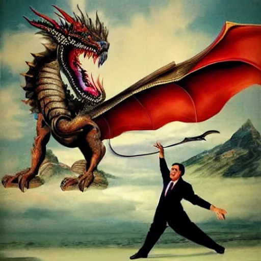 Prompt: epic scenery of the president of México fighting a dragon in the style of Dalí