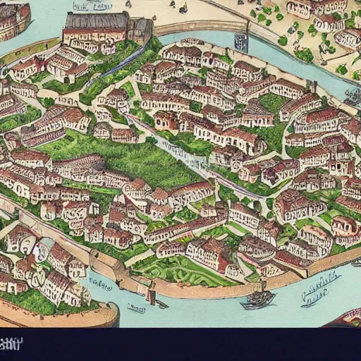 Image similar to map of bustling medieval town along a river, detailed