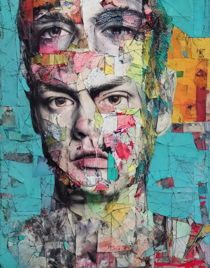 Prompt: double coloured boy harsher detailed analogue mixed media collage with canvas texture in style of contemporary art, punk art, hyperrealistic beautiful face, photorealistic, expressionism, masterpiece, perfect composition, spectacular quality torn paper, intricate oil details