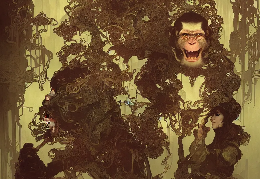 Prompt: an evil monkey with a criminal mastermind brain, ultradetail face, art and illustration by tian zi and wlop and alphonse mucha, fantasy, intricate complexity, world concept, blurry