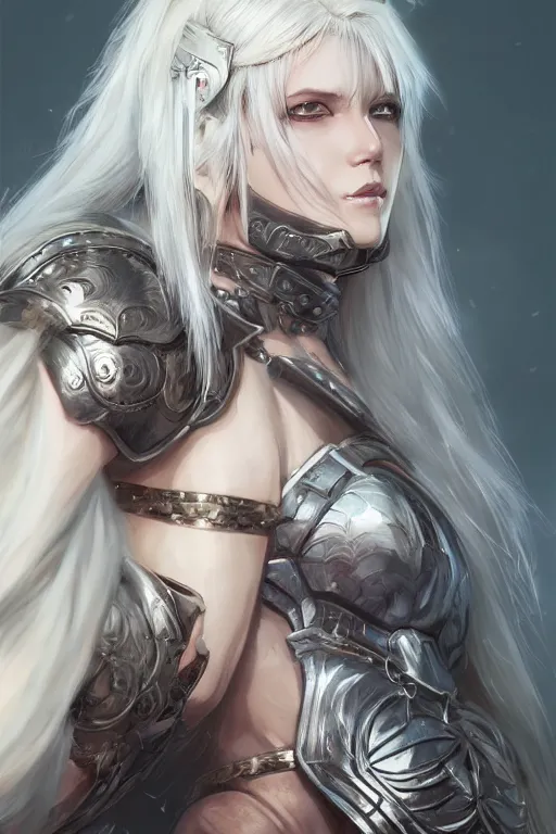 Image similar to A realistic anime portrait of a white haired female barbarian wearing an intricate armor, digital painting, by Stanley Artgerm Lau, Sakimichan, WLOP and Rossdraws, digtial painting, trending on ArtStation, SFW version